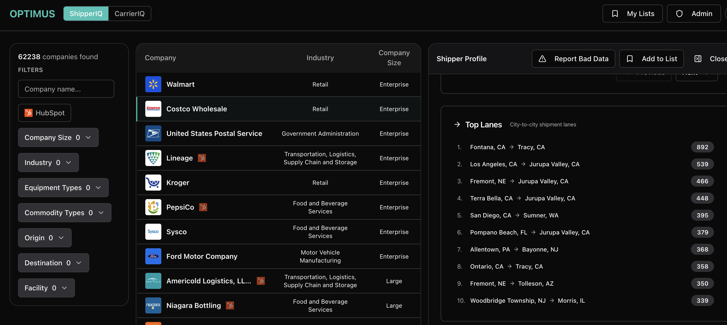 Optimus shipper search showing enterprise retail companies with top lanes