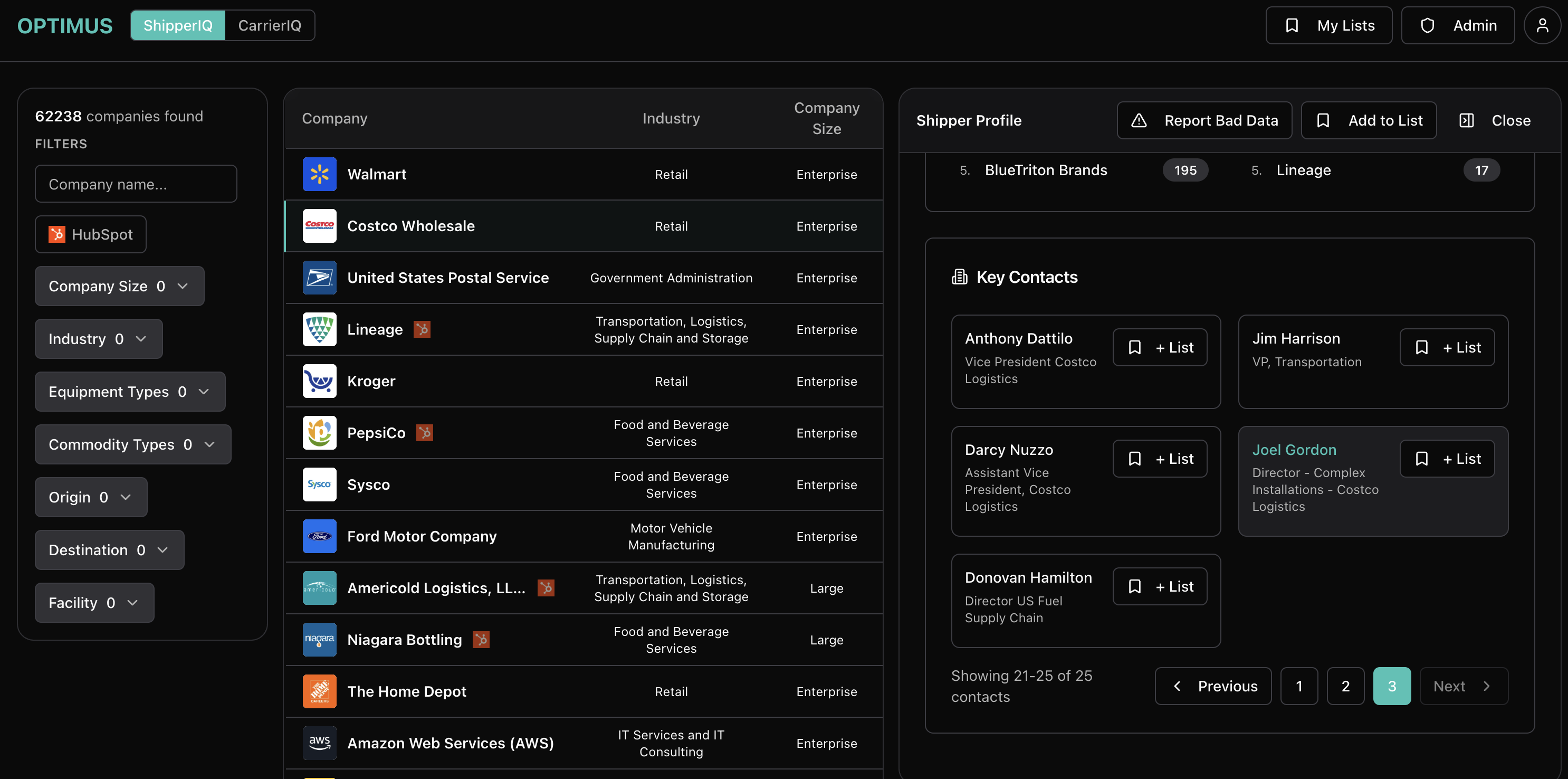 Key contacts panel showing decision-makers in transportation and logistics roles
